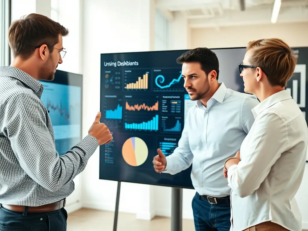A team of consultants analyzing network performance data on a digital dashboard, representing Infra8's Turnaround Management services.