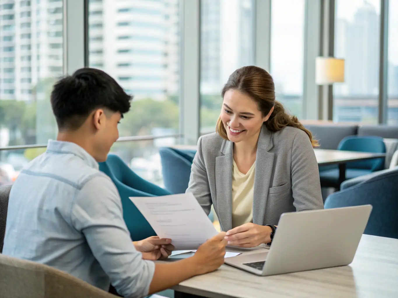 A consultant is working with a telecom executive, reviewing market expansion plans and identifying opportunities for growth. The image represents Infra8's scaling support services.