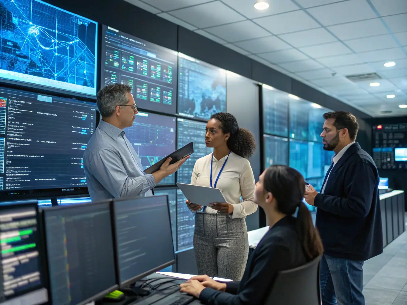 A team of consultants is collaborating in a telecom control center, analyzing network performance data and identifying areas for improvement. The image represents Infra8's turnaround management services.